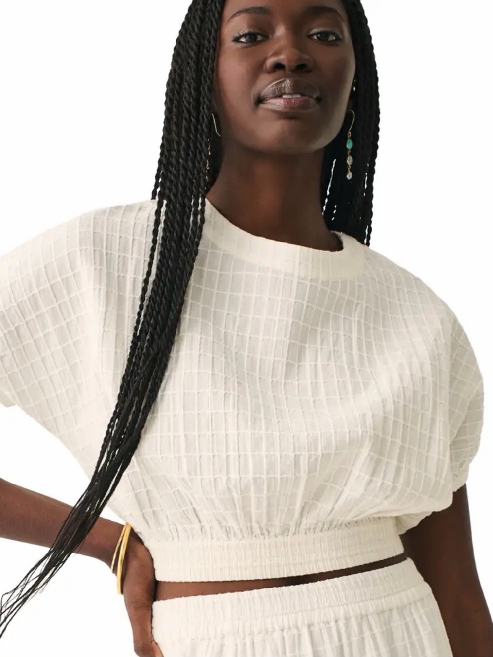Faherty Cala Windowpane Cropped Blouse Short Sleeve Crew Neck Button size Small